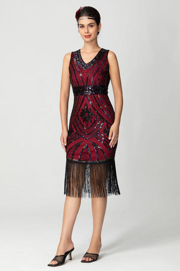 Frynser Slire Paljetter V-hals Svart Bugundy 1920-talls kjole